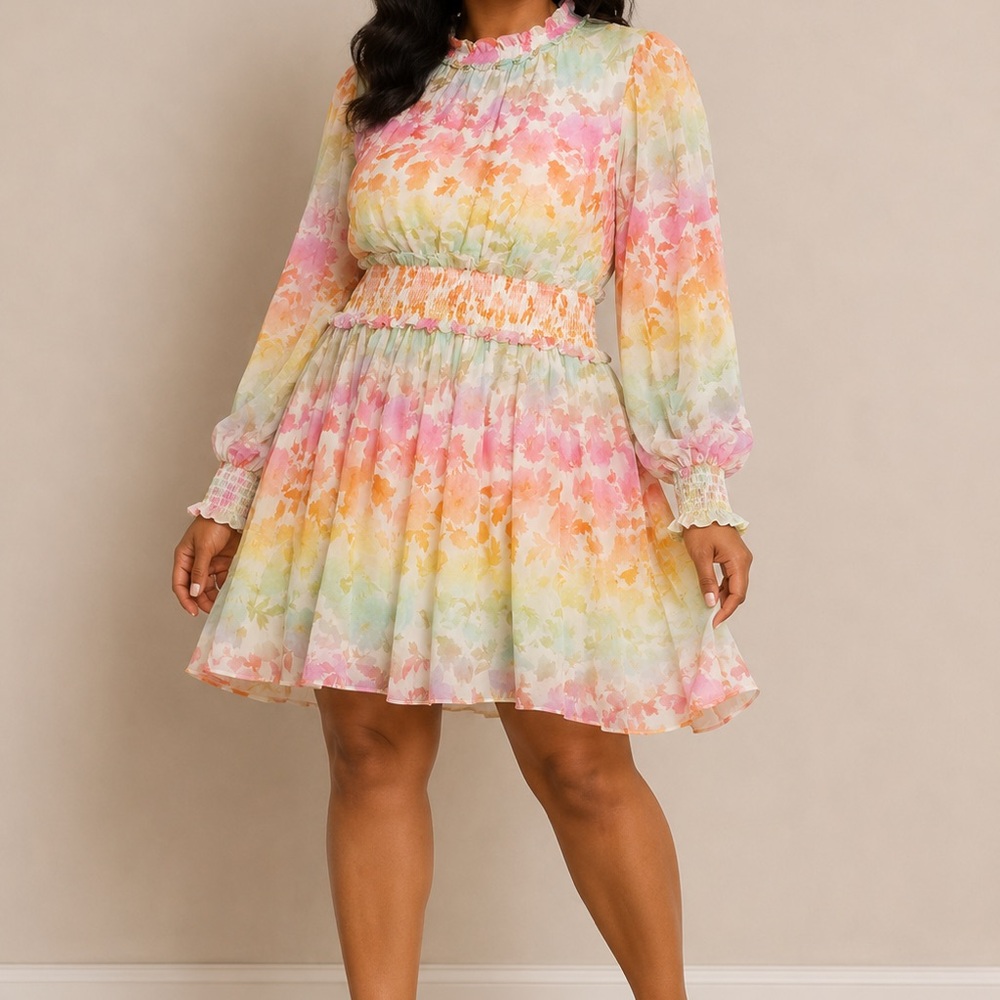 Fate Pastel Rainbow Floral Long-Sleeve Mini Dress